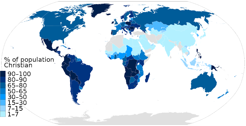 Christianity percent population in each nation World Map Christian data by Pew Research (2014)