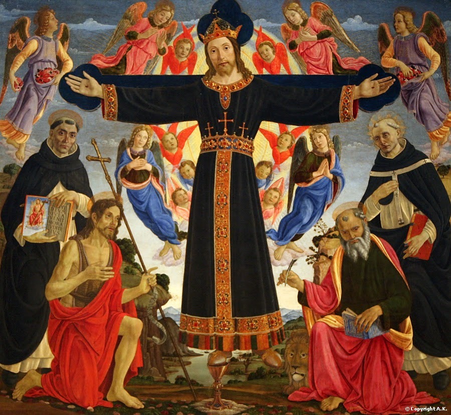 Christ sur la Croix entouré des sqints Vincent Ferrier, Jean-Baptiste, Marc et Antonius (Maître de l'Epiphanie de Fiesole, 1491-1495, Los Angeles County Museum of Art)