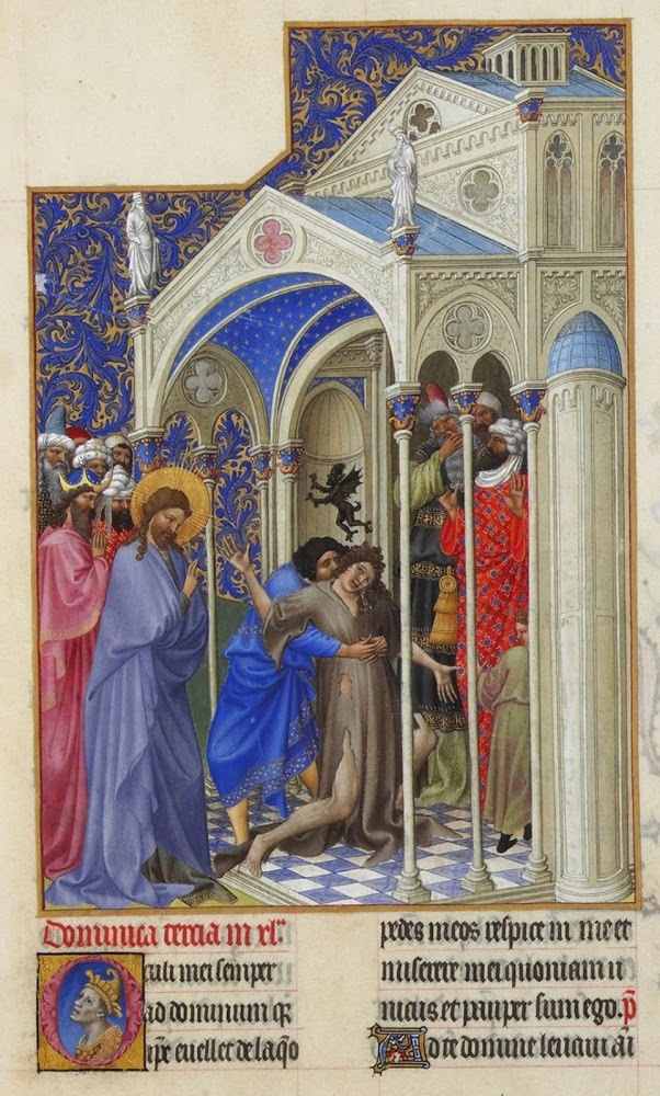 Guérison d'un épileptique ("Très Riches Heures du Duc de Berry", 1410-1411, Musée Condé à Chantilly, France)