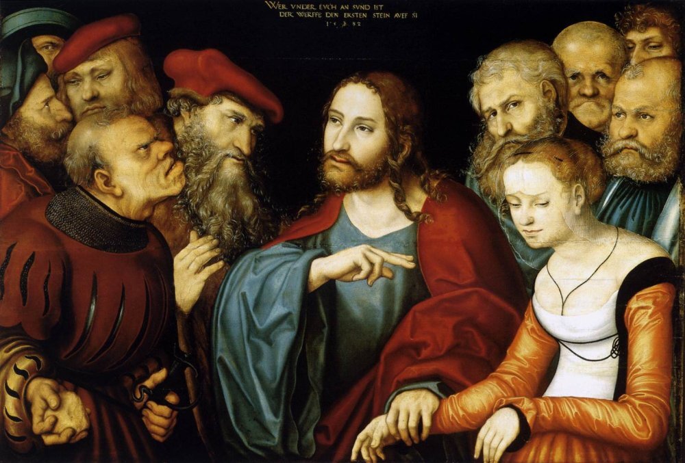 Jesus and the Adulteress (Lucas Cranach the Elder, 1532,  Museum of Fine Arts, Budapest)