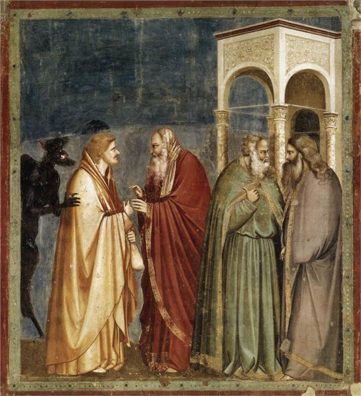 Judas Receiving Payment for his Betrayal (Giotto, 1306, Scrovegni (Arena) Chapel, Padua, Italy)